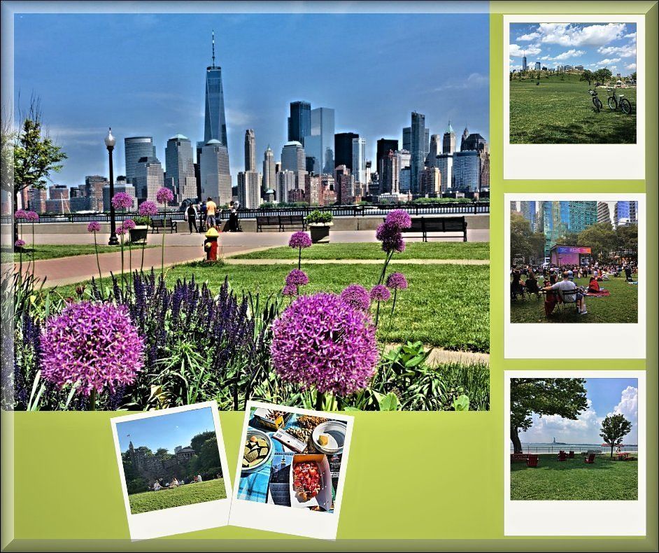 Piknik v trávě s výhledem na panorama Manhattanu